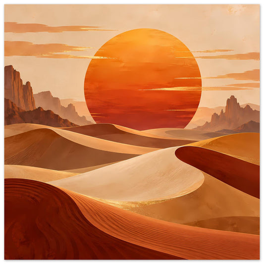 Quadratisches Poster mit Wüstenlandschaft: große orange Sonnenfläche und Dünen