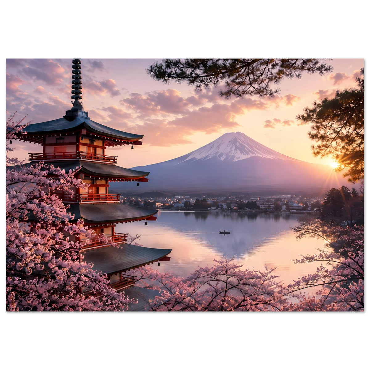 Horizontales Japan-Poster mit Pagode, Fuji und Kirschblüten im warmen Abendlicht