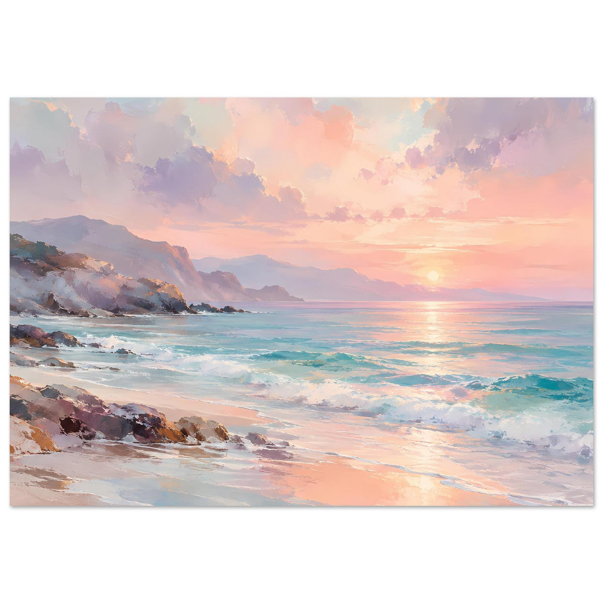 Poster mit Strandblick und Sonnenuntergang, pastellfarben, horizontal, Küste mit Felsen