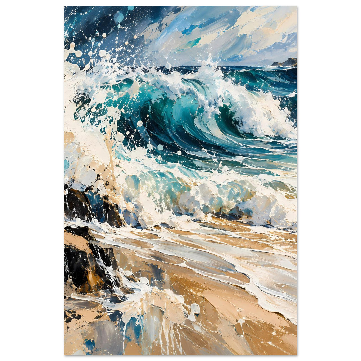 Hochformatiger Wanddruck mit abstrakter Meereswelle, Schaum und Felsen in Blau und Beige
