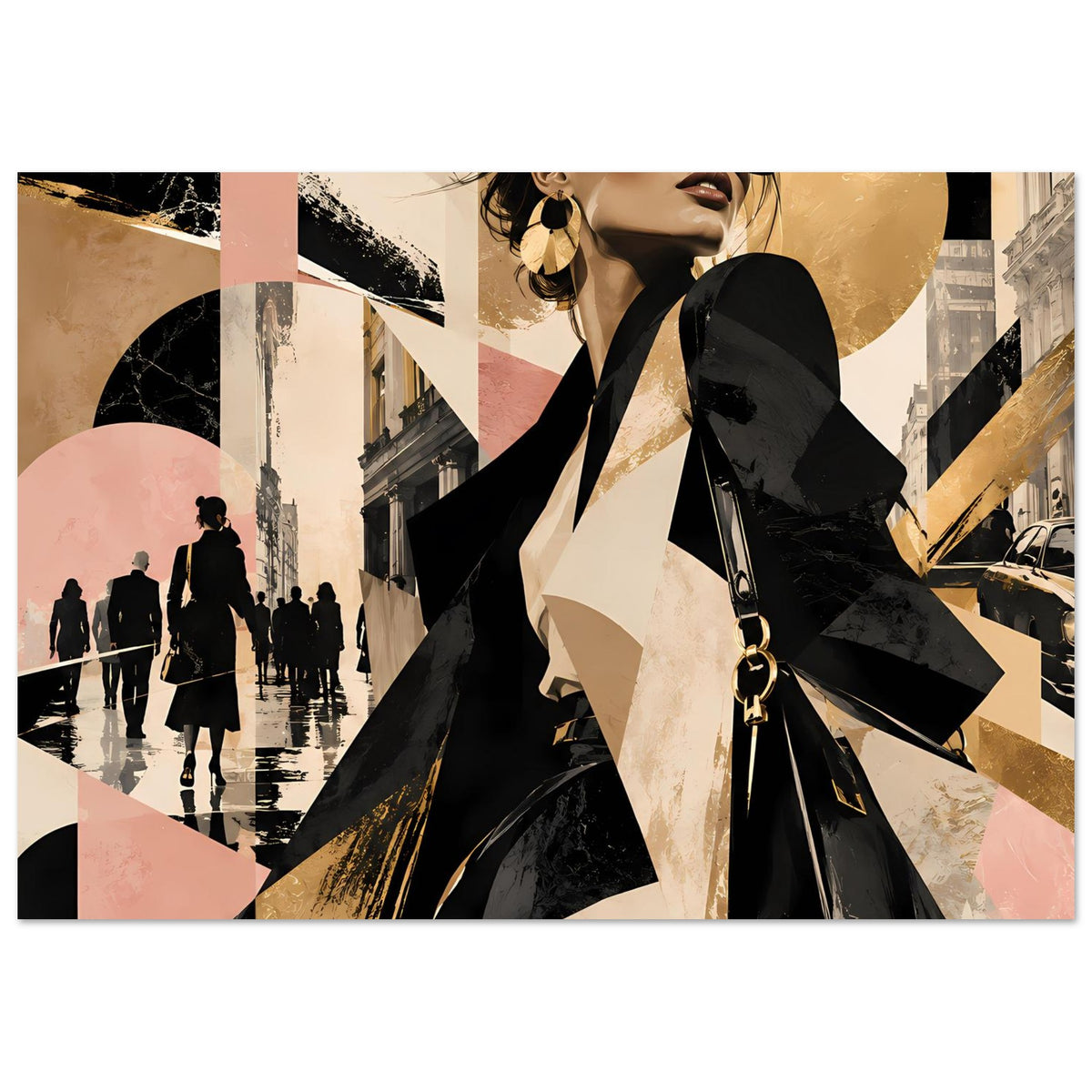 Wandposter, stilisiertes Fashion-Motiv einer Frau mit Sonnenbrille und schwarzer Tasche