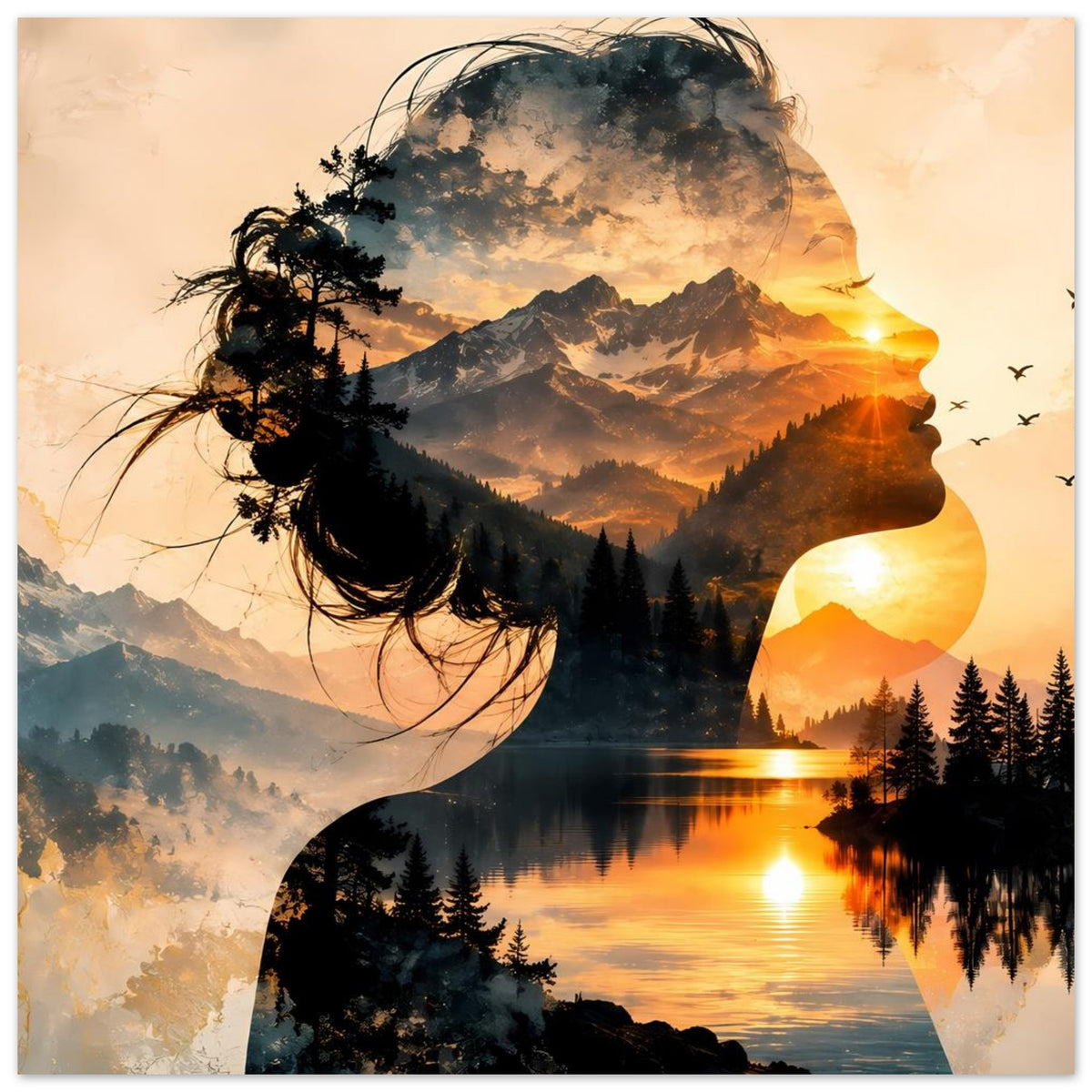 Doppelbelichtungs-Poster mit Frauensilhouette, Bergsee und Sonnenuntergang, mit Spiegelung