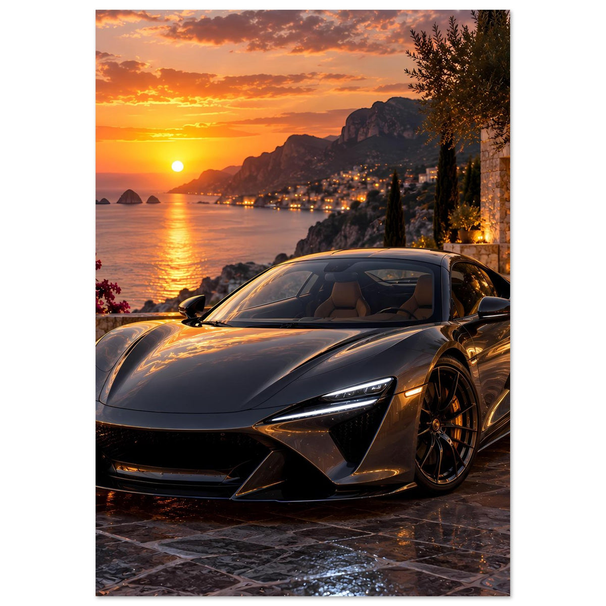 Poster im Hochformat mit dunklem Sportwagen und Sonnenuntergang am Meer