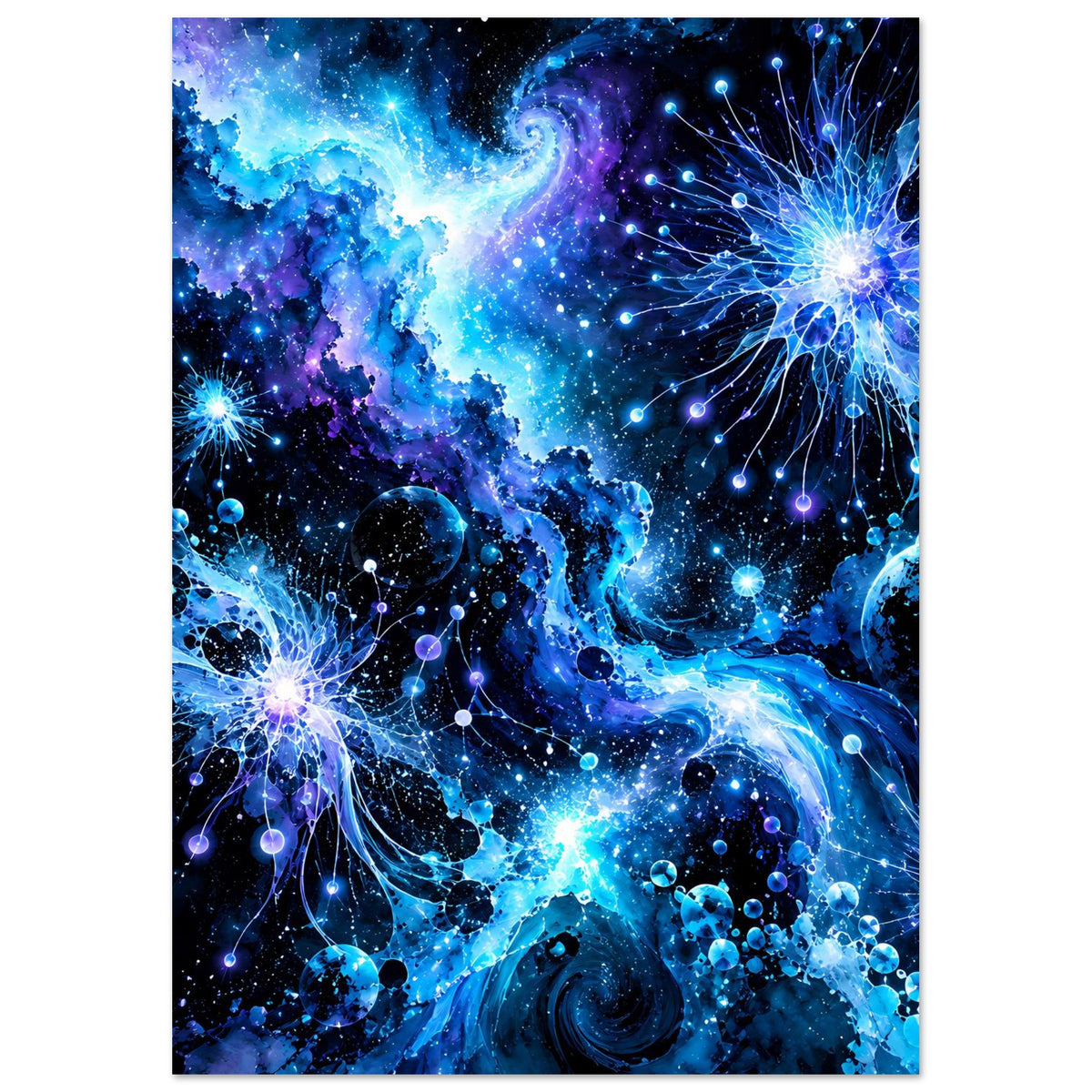 Leuchtendes galaktisches Poster mit blauen Galaxie-Wolken, Planeten und leuchtenden Sternkegeln