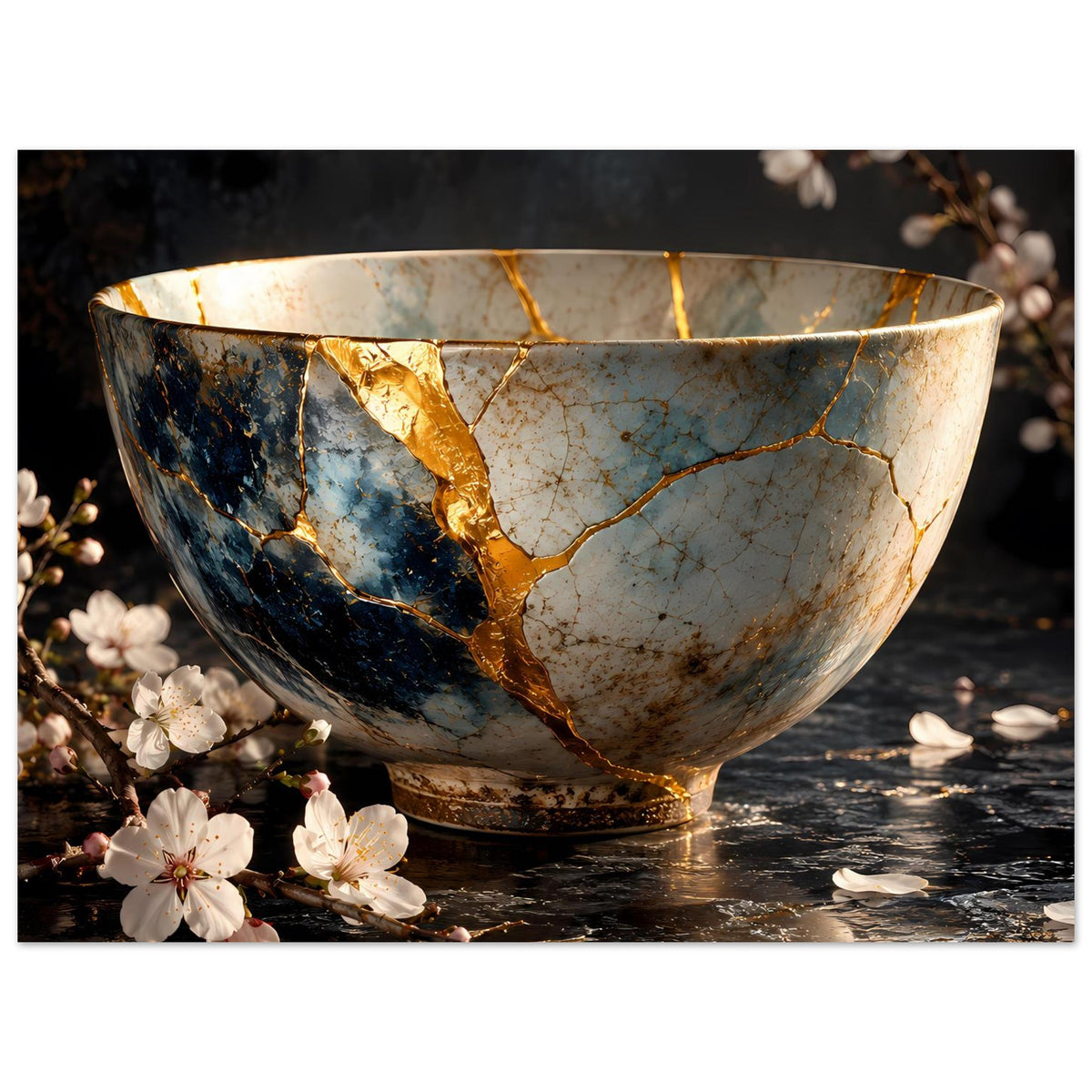 Poster mit Kintsugi-Schale, goldene Rissnaht und weiße Blüten auf dunklem Untergrund