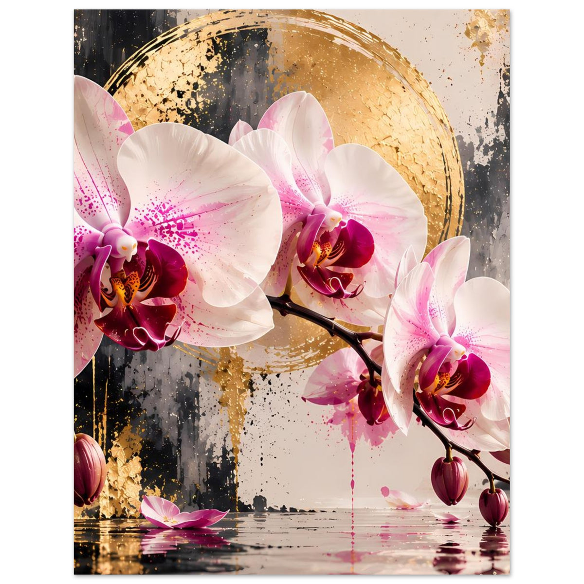 Orchideenposter mit weißen und pinken Orchideenblüten, goldener Halbkreis und violette Knospen