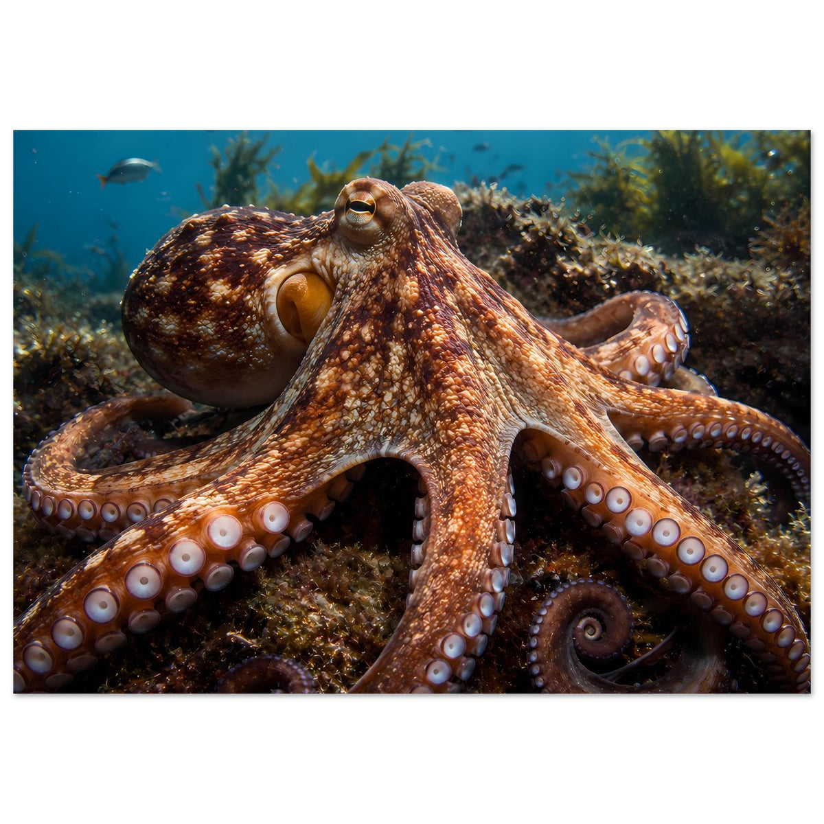 Unterwasserposter hochkant: brauner Oktopus mit sichtbaren Saugnäpfen an den Tentakeln