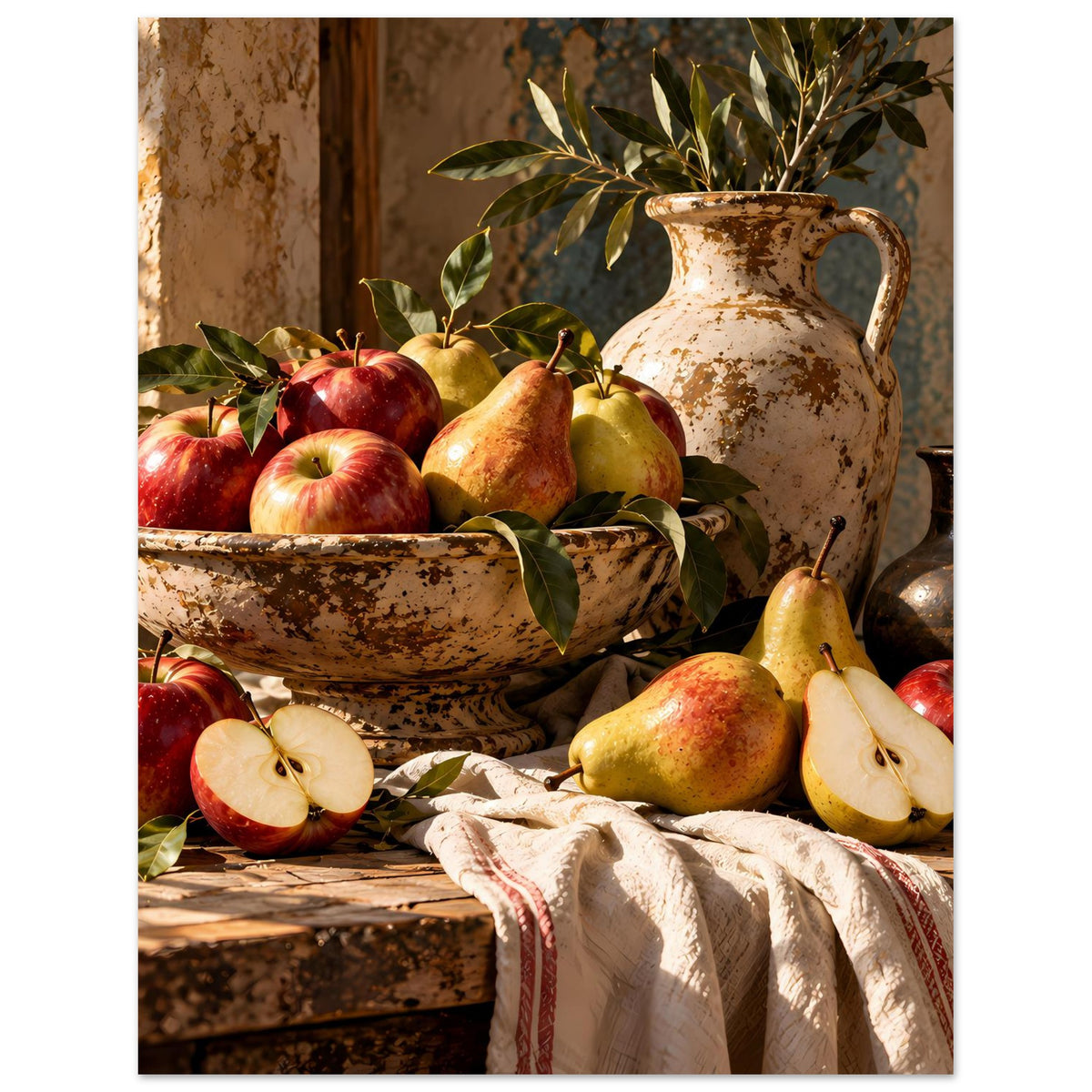 Herbstliches Stillleben-Poster: Krug mit Patina, Schüssel mit Äpfeln und Birnen, Stofftuch.