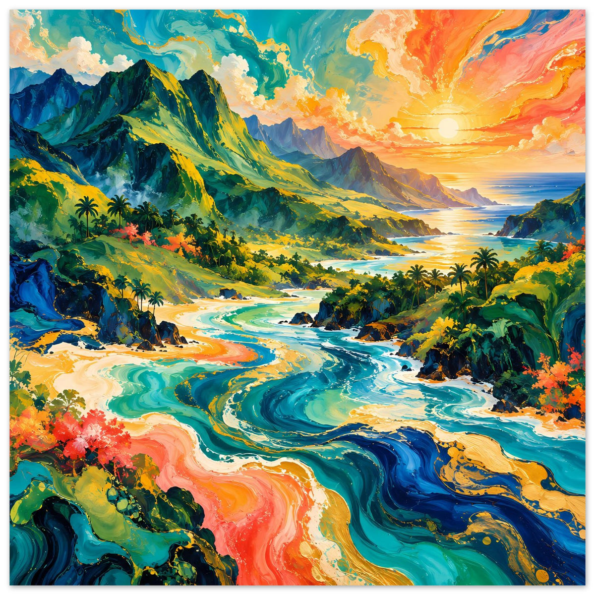Tropen-Landschaftsposter mit Meerblick, mäanderndem Fluss, Palmen und goldener Abendsonne