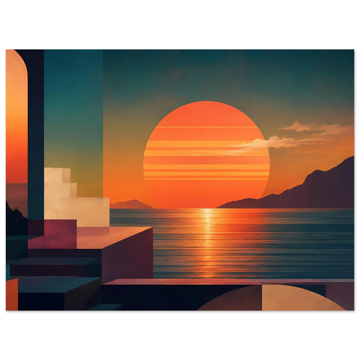 Küstenlandschafts-Poster mit orangefarbenem Sonnenkreis, geometrischen Quadern und Meer.