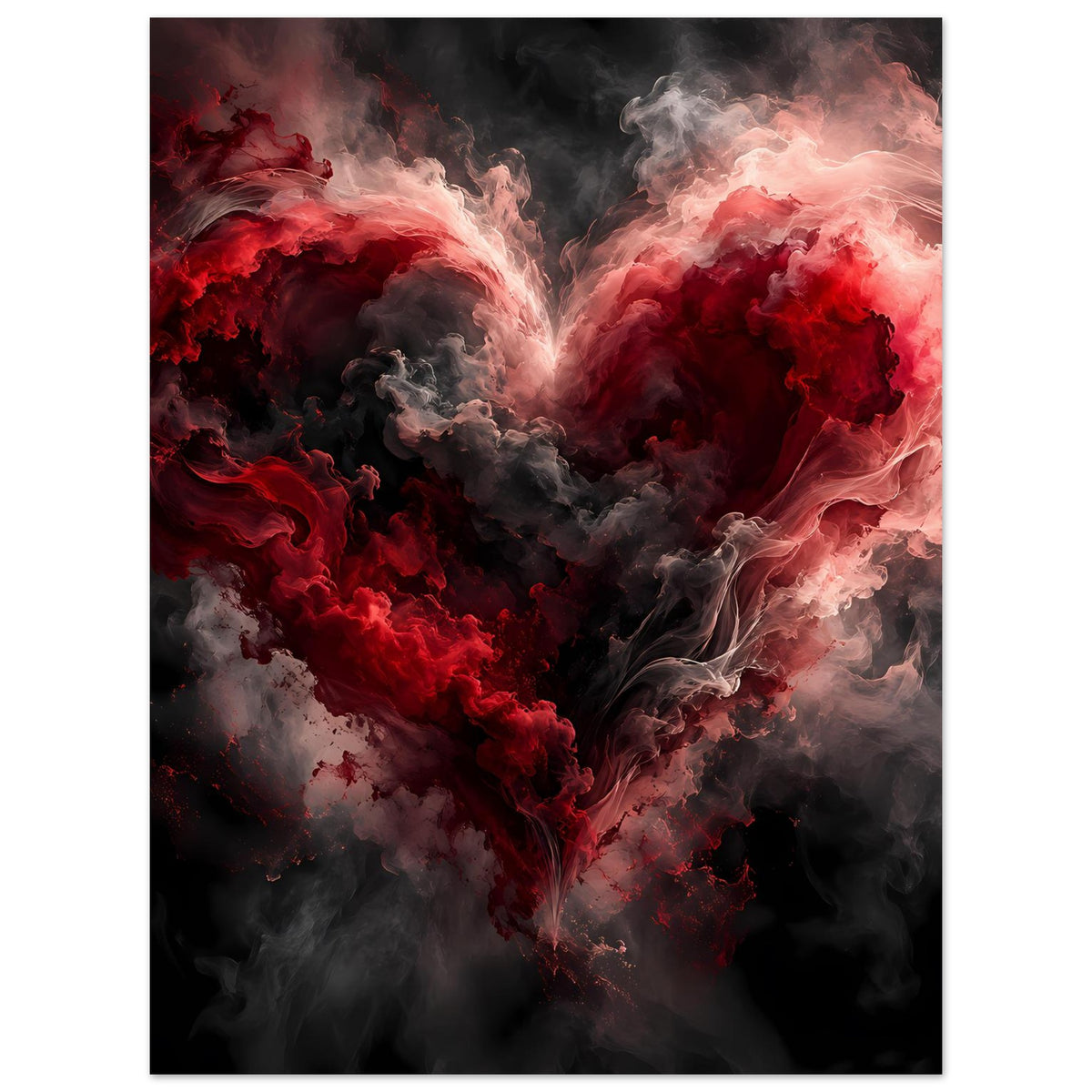 Hochformat-Poster: leuchtendes Herz aus Rauch, rote und rosa Flammen-Optik, grau/schwarz