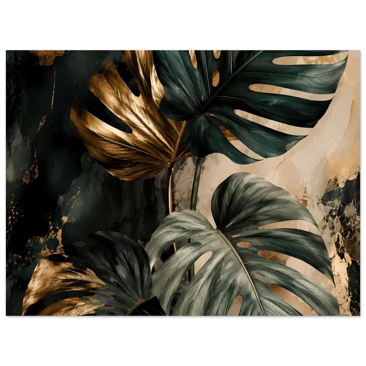 Poster: dunkelgrüne Monstera-Blätter mit goldenen Highlights und beigen Sprenkeln