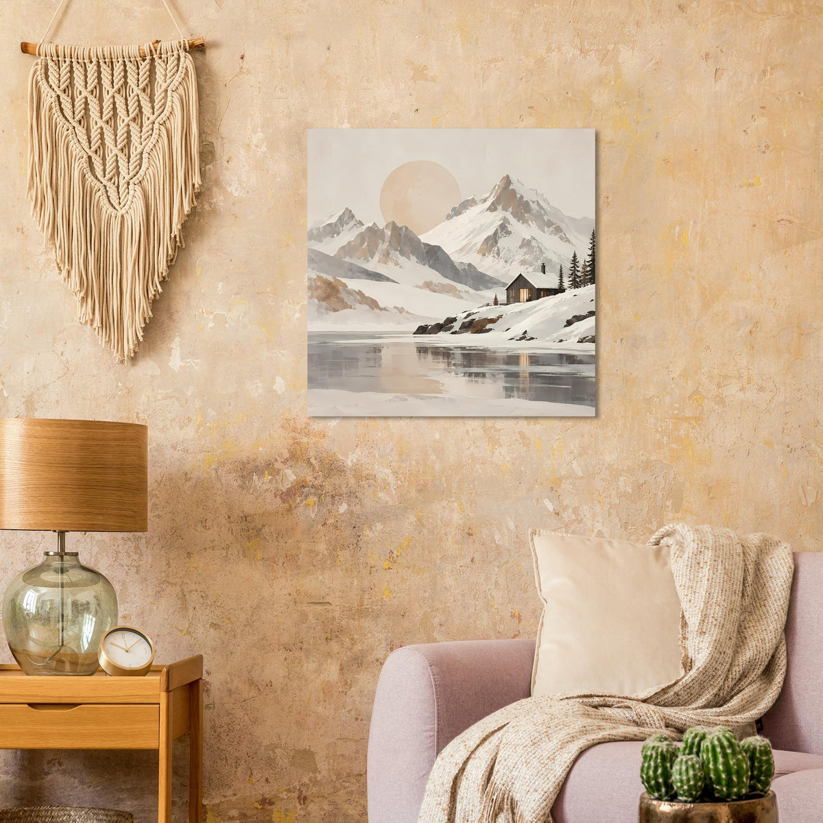 Wandposter mit ruhiger Alpenlandschaft: Berge, See-Reflexion und Hütte bei hellem Sonnenkreis