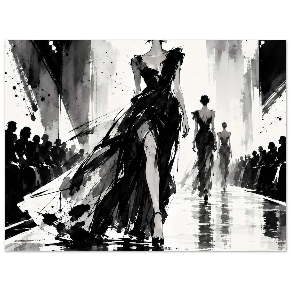 Mode-Illustrationsposter, schwarz-weiß: Vordergrundfrau im Abendkleid, hinten weitere Laufstegfiguren.