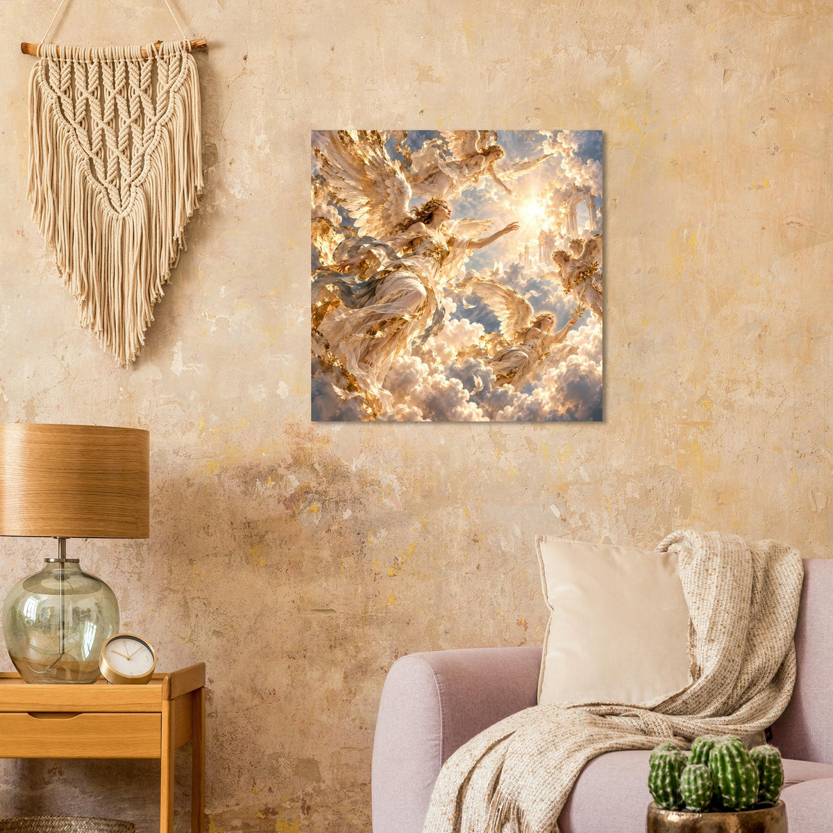Quadratisches Poster mit goldfarbenen Engelsfiguren und Wolkenmotiv