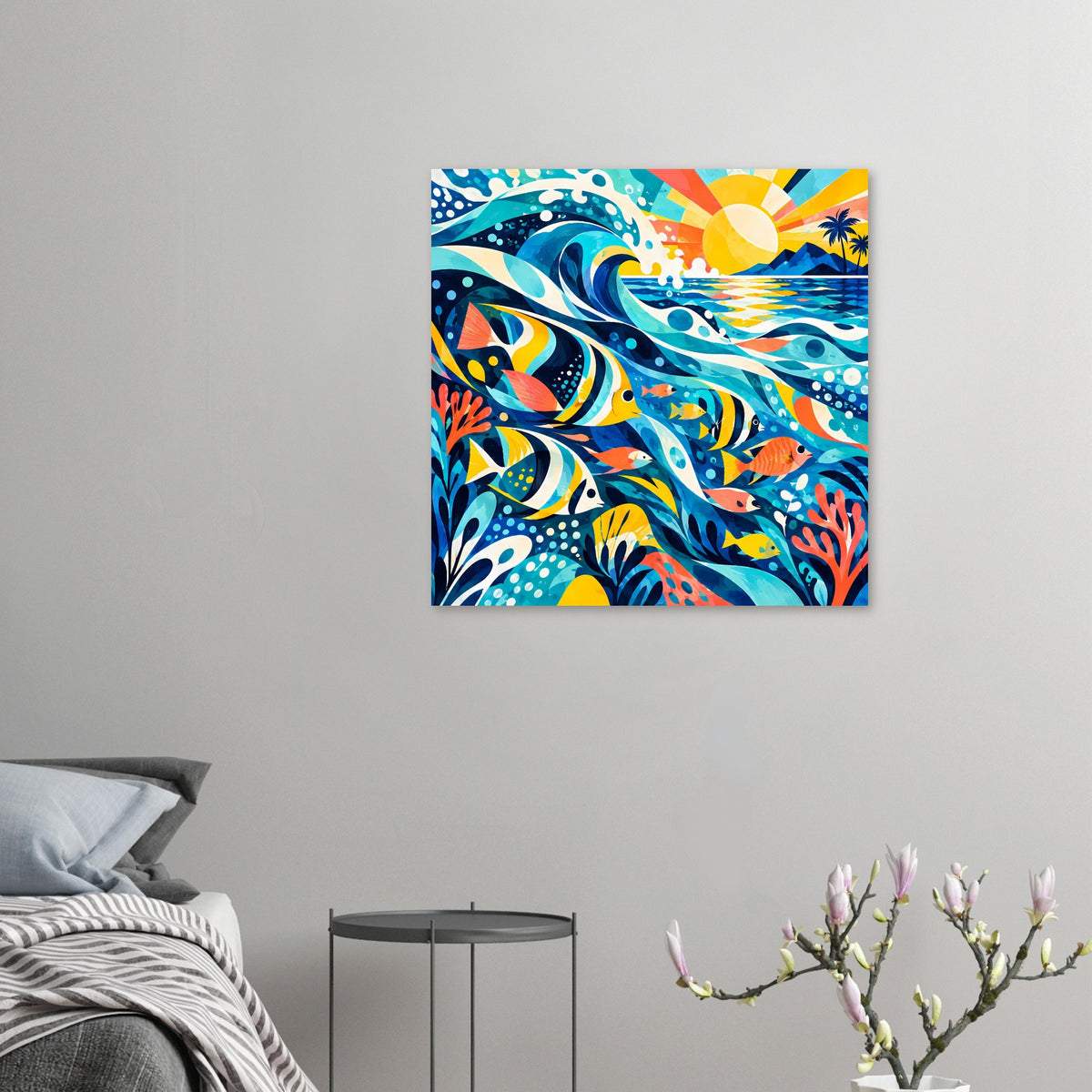 Kleines quadratisches Poster mit tropischem Meer: Fische, Wellen und gelbe Sonne