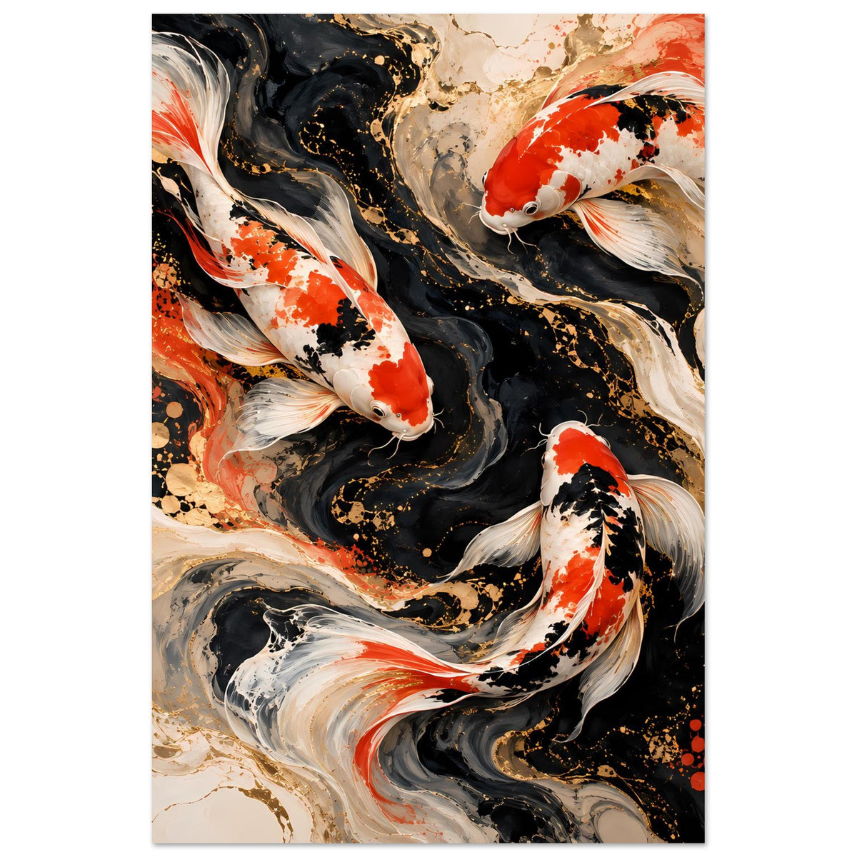 Kunstposter mit Koi-Fischen in Schwarz, Weiß und Rot auf abstrakten Farbwirbeln, Hochformat
