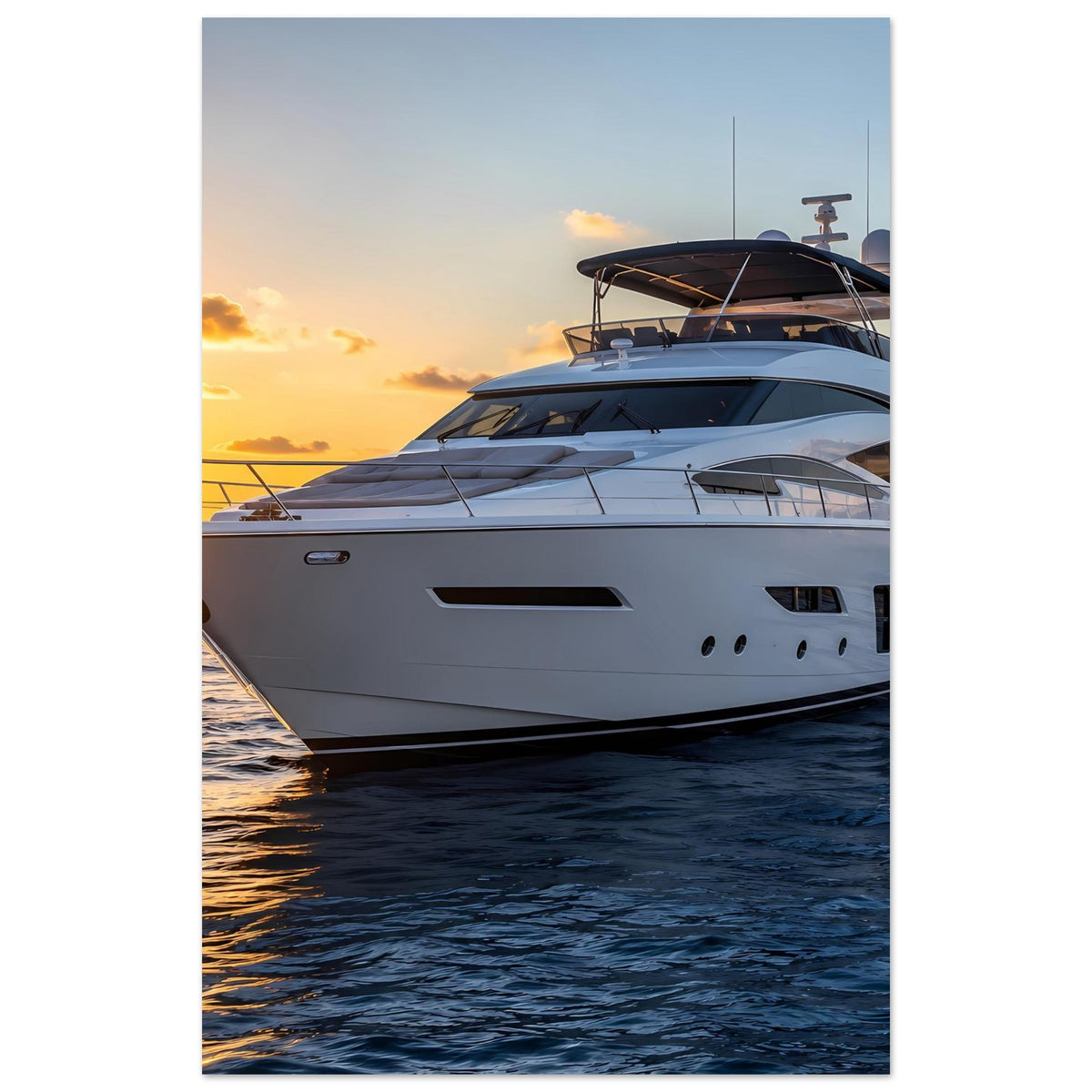 Poster im Hochformat: Ausschnitt der weißen Yacht, goldener Himmel über dem Wasser