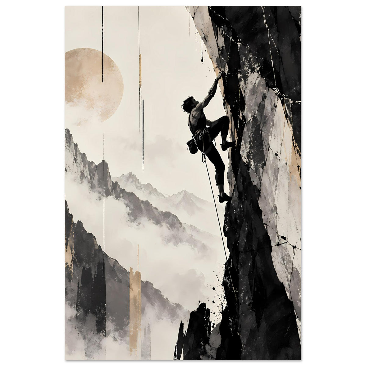 Vertikales Poster, fokussiert auf Kletterer am Fels, Nebelberge und helle Kreisform
