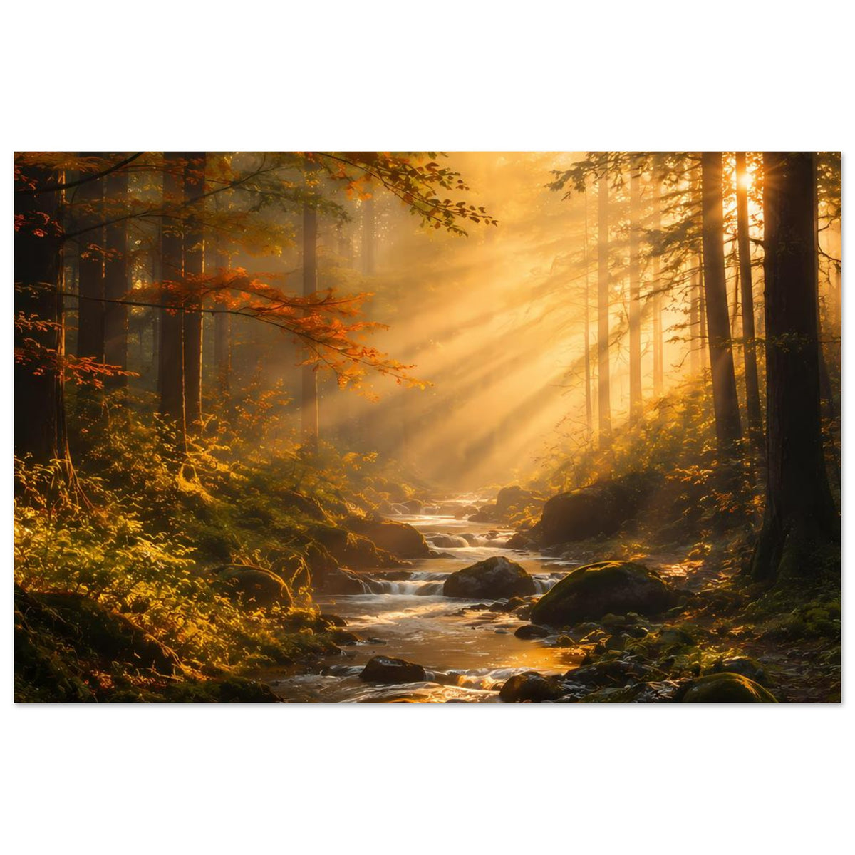 Wandposter im Querformat: Goldener Wald-Sonnenaufgang, Baumreihen und kleiner Bach über Steine