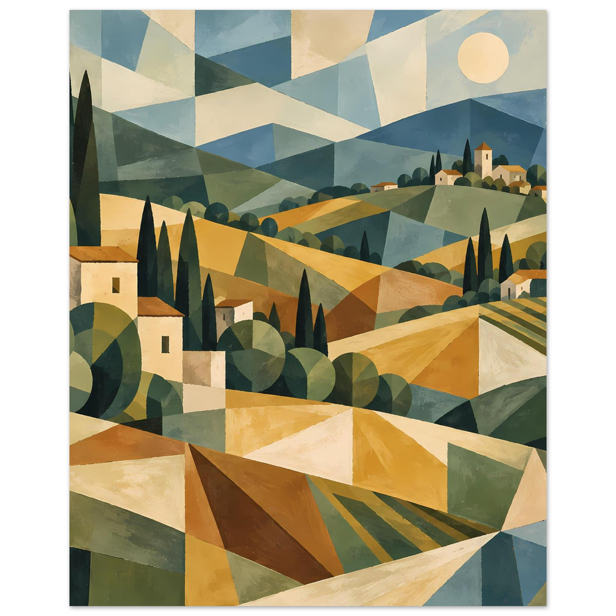 Poster mit geometrischer Landschaft: Zypressenwald, Häuser und geschichtete Hügel in warmen Farbtönen