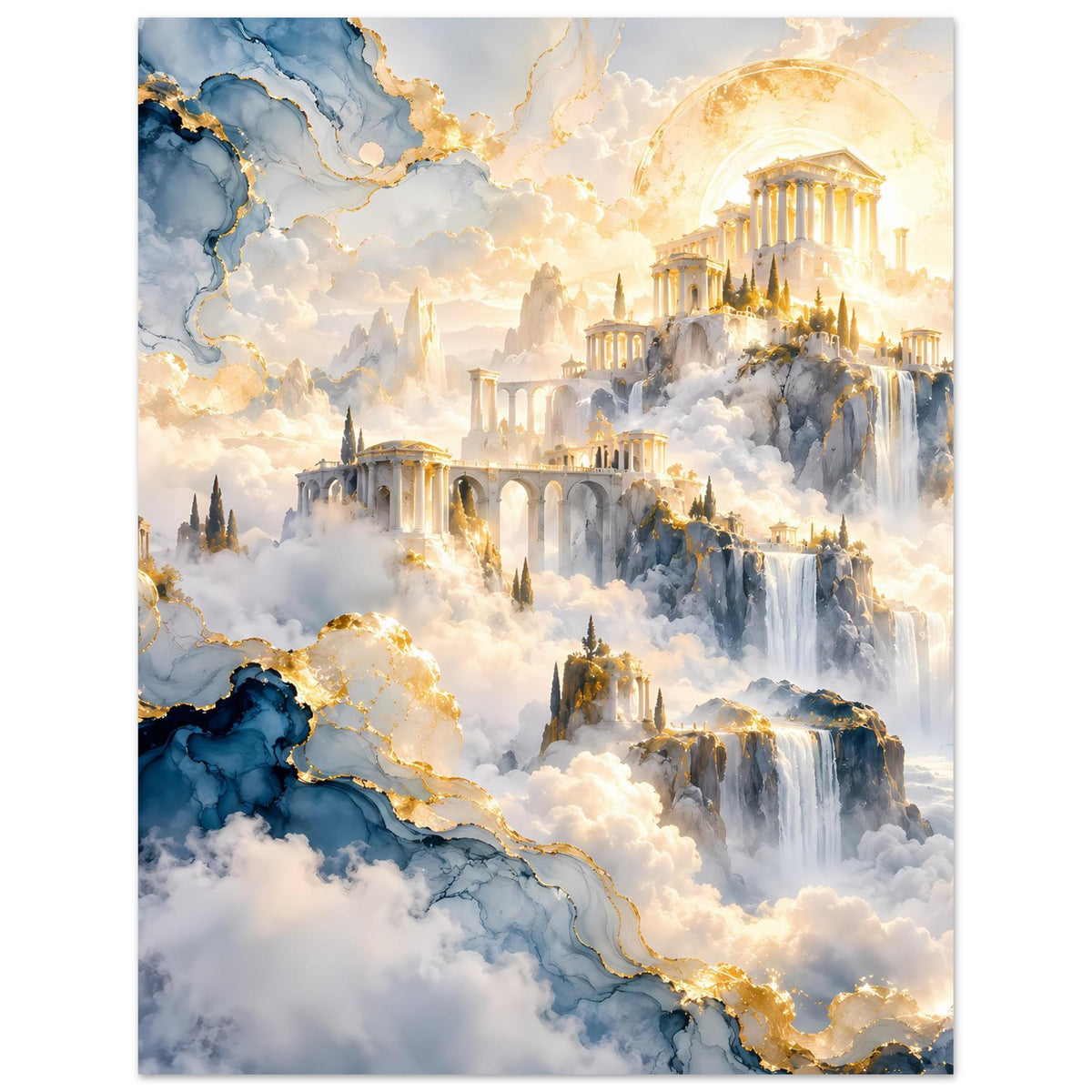 Poster im Hochformat mit majestätischen Tempeln, goldenen Lichtern, Wolkenmeer und Fällen