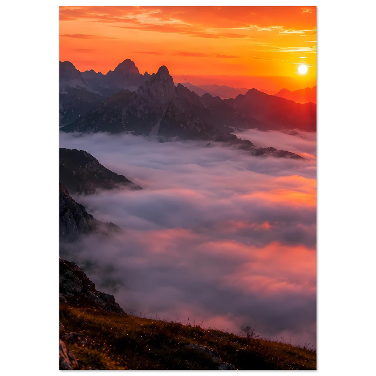 Berglandschafts-Poster: Sonnenuntergang mit warmem Himmel, Sonne und dichten Wolken