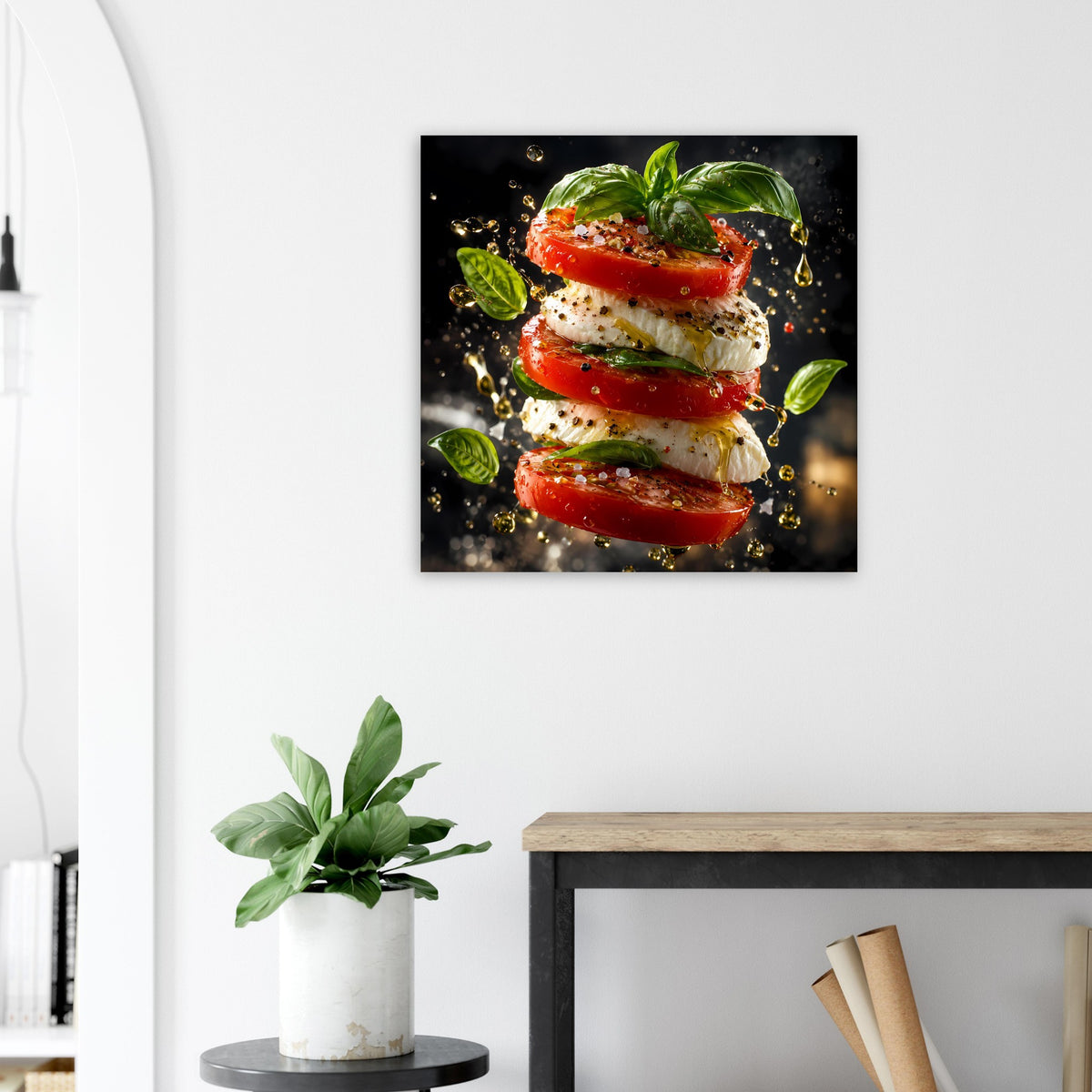 Küchenposter mit gestapelten Tomaten, Mozzarella und Basilikum, schwarzer Bildrand