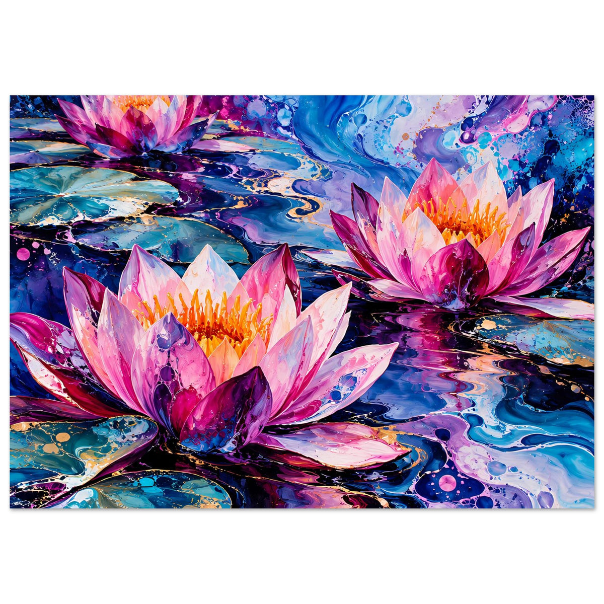 Abstraktes Seerosen-Blumenposter mit pinken, blauen und violetten Blüten und Farbwirbeln