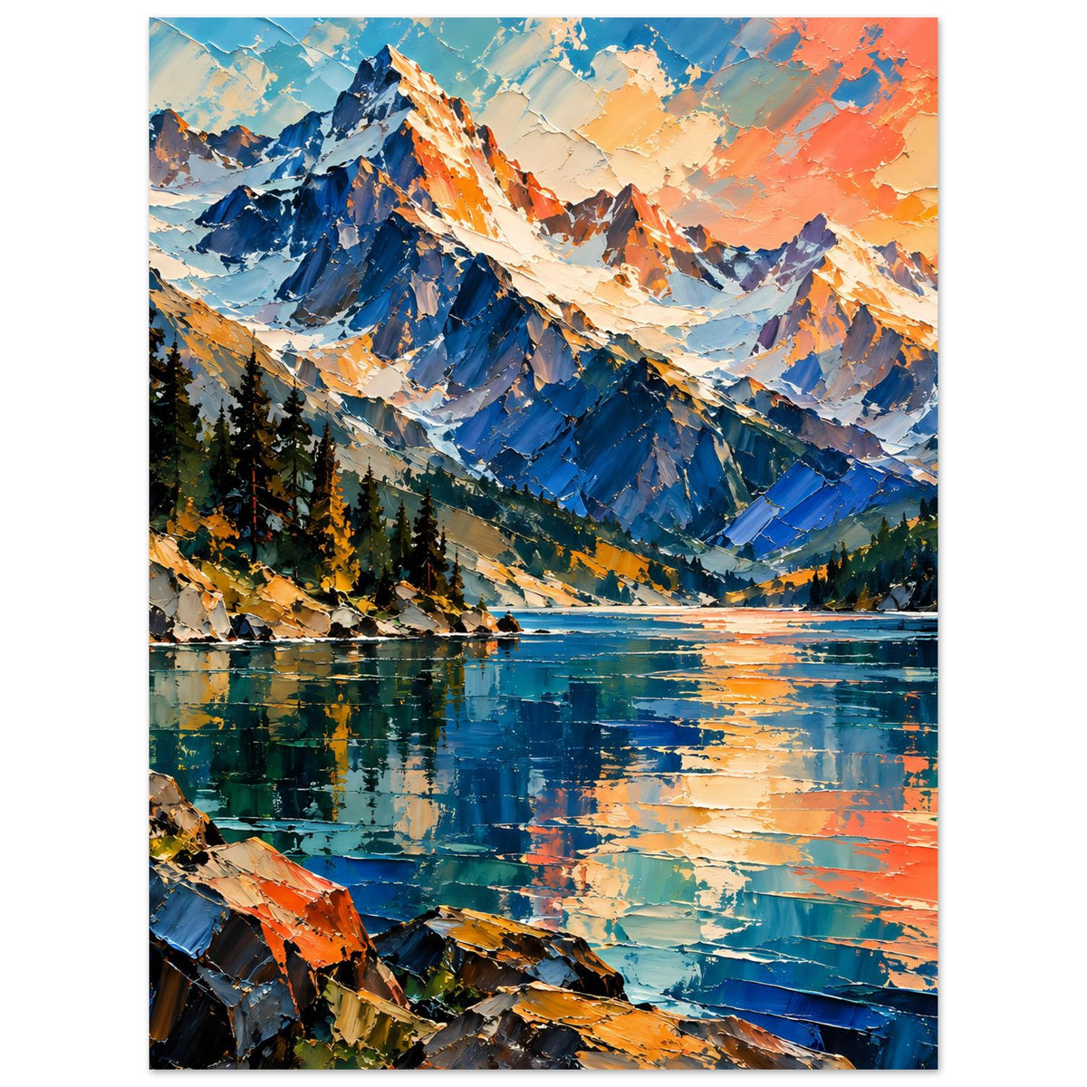 Poster mit Bergsee-Landschaft, vertikales Motiv, blaue Berge, orange Wolken und Felsrand