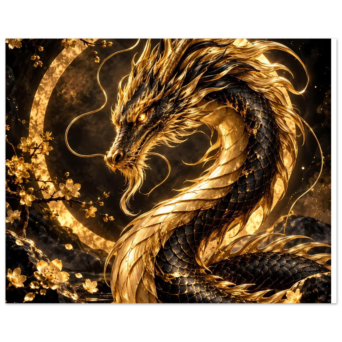 Poster mit goldenem Drachenkopf, leuchtenden Mähnensträhnen und Blütenkreis