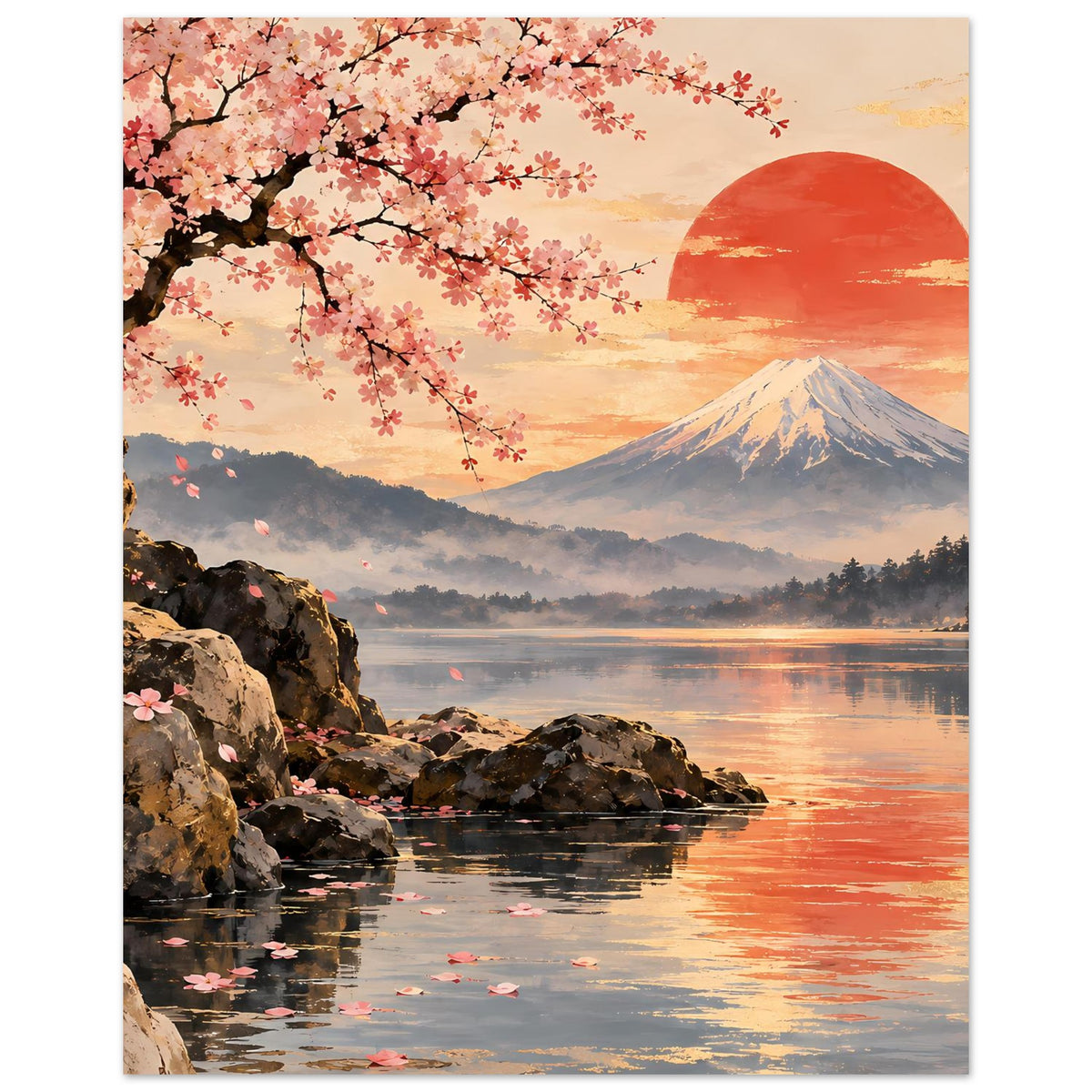 Kirschblüten-Poster mit blühendem Baumast, roter Sonne, Bergsilhouette und See-Reflexion