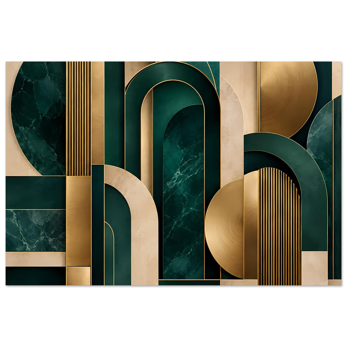 Art-Deco-Poster: goldene Balken, dunkelgrüne Rechtecke und geschwungene Formen im Linienraster