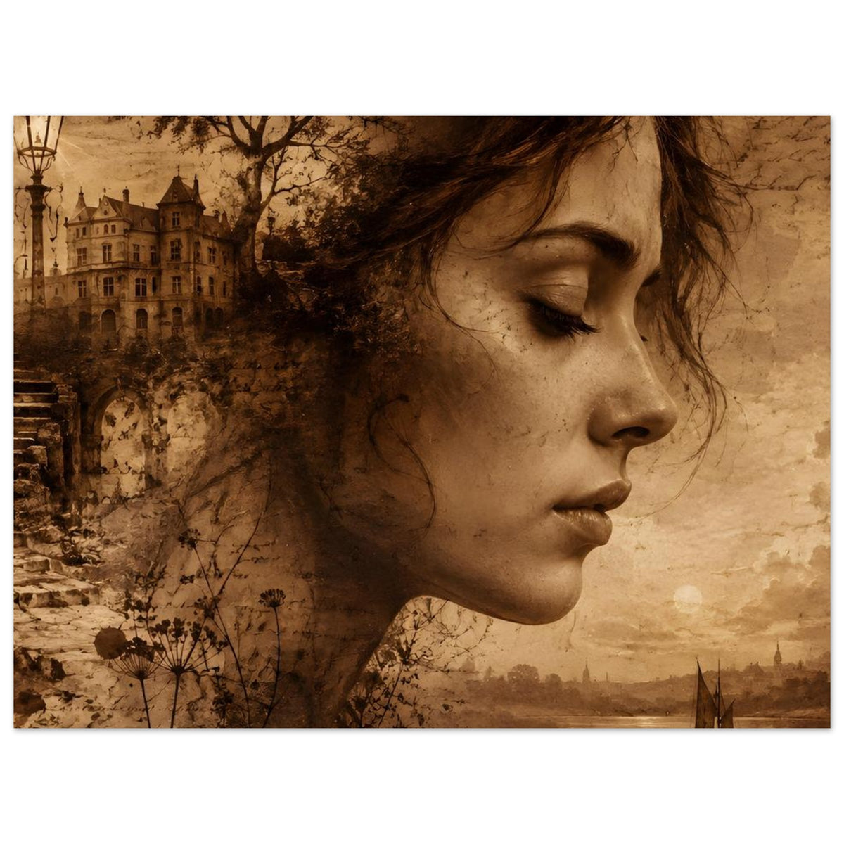 Sepia-Fantasy-Poster mit Frauenprofil, Pusteblumen und Flusslandschaft