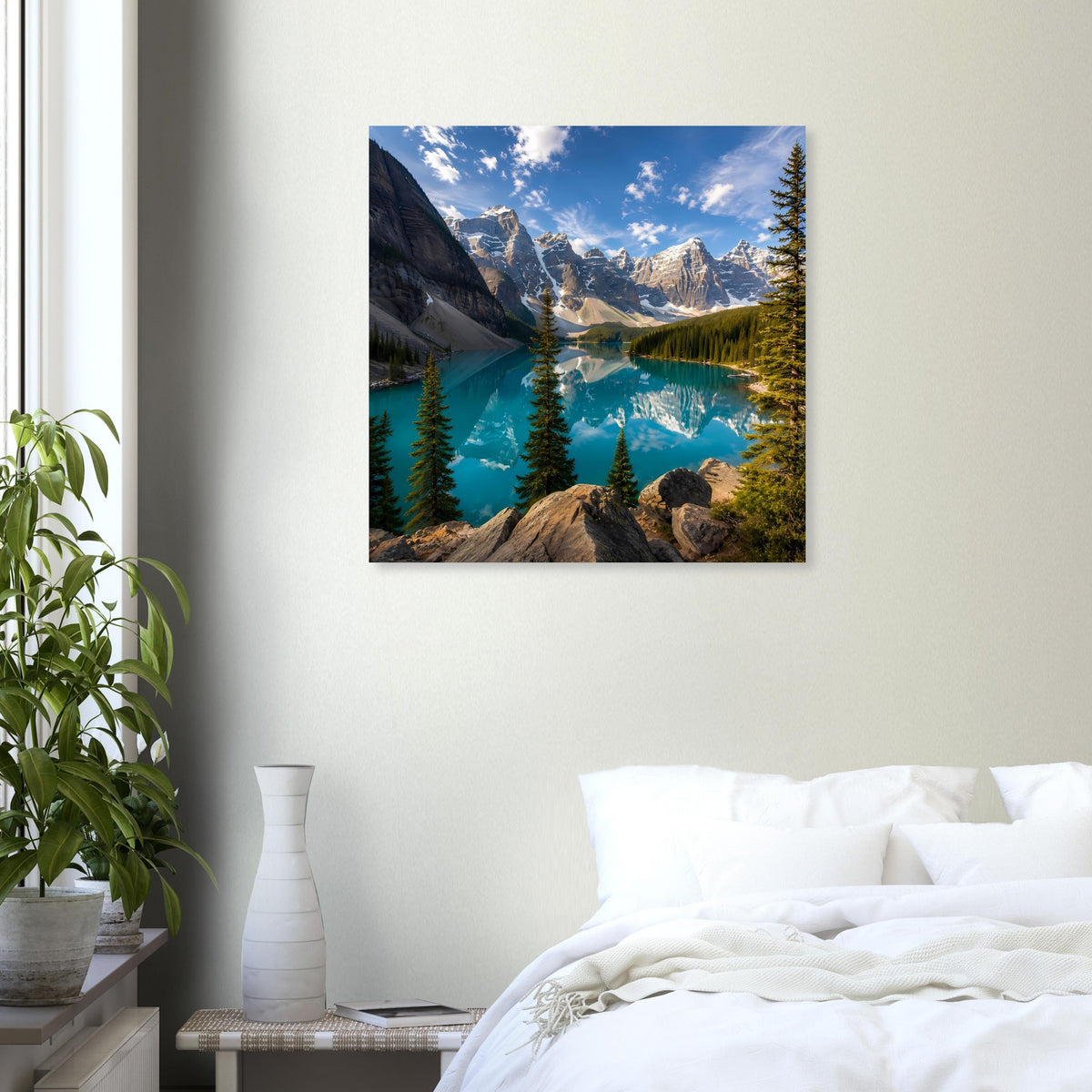 Quadratisches Wandposter mit Bergsee in Türkis, Fichten, Fels und blauem Himmel