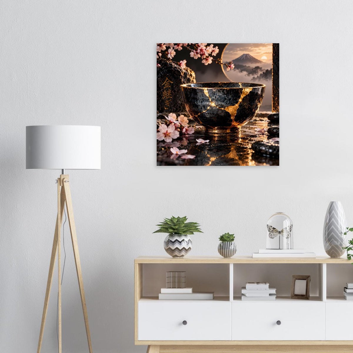 Quadratisches Poster: schwarze Schale mit goldenen Risslinien, Kirschblüten und Landschaft