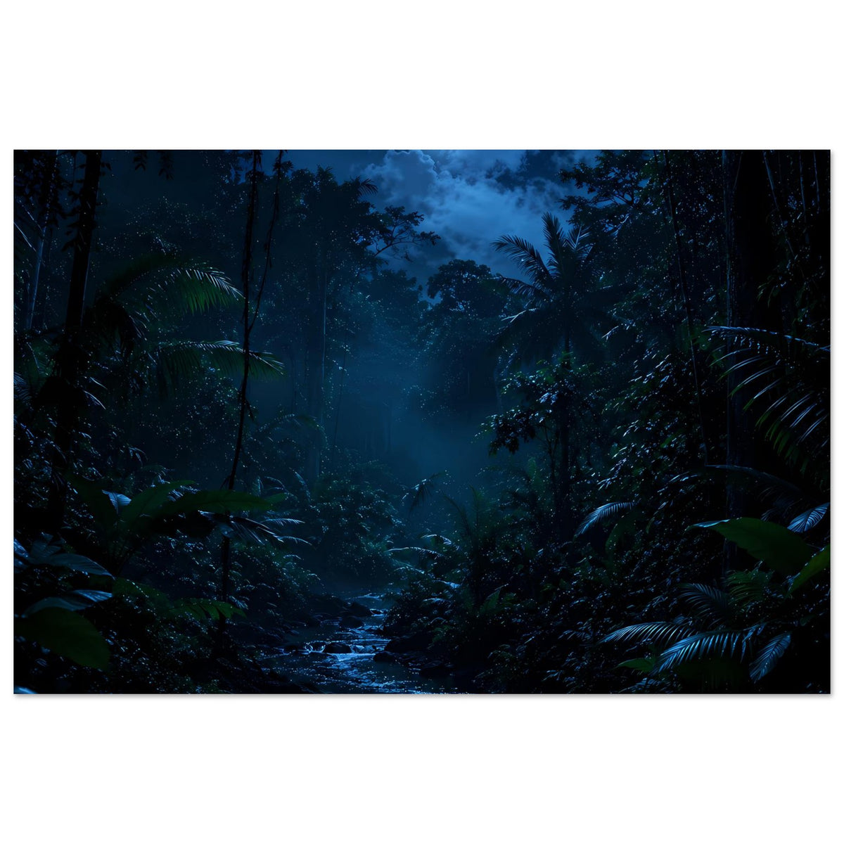 Gerahmtes Poster mit Mondschein im Tropenwald und blau schimmerndem Bachlauf