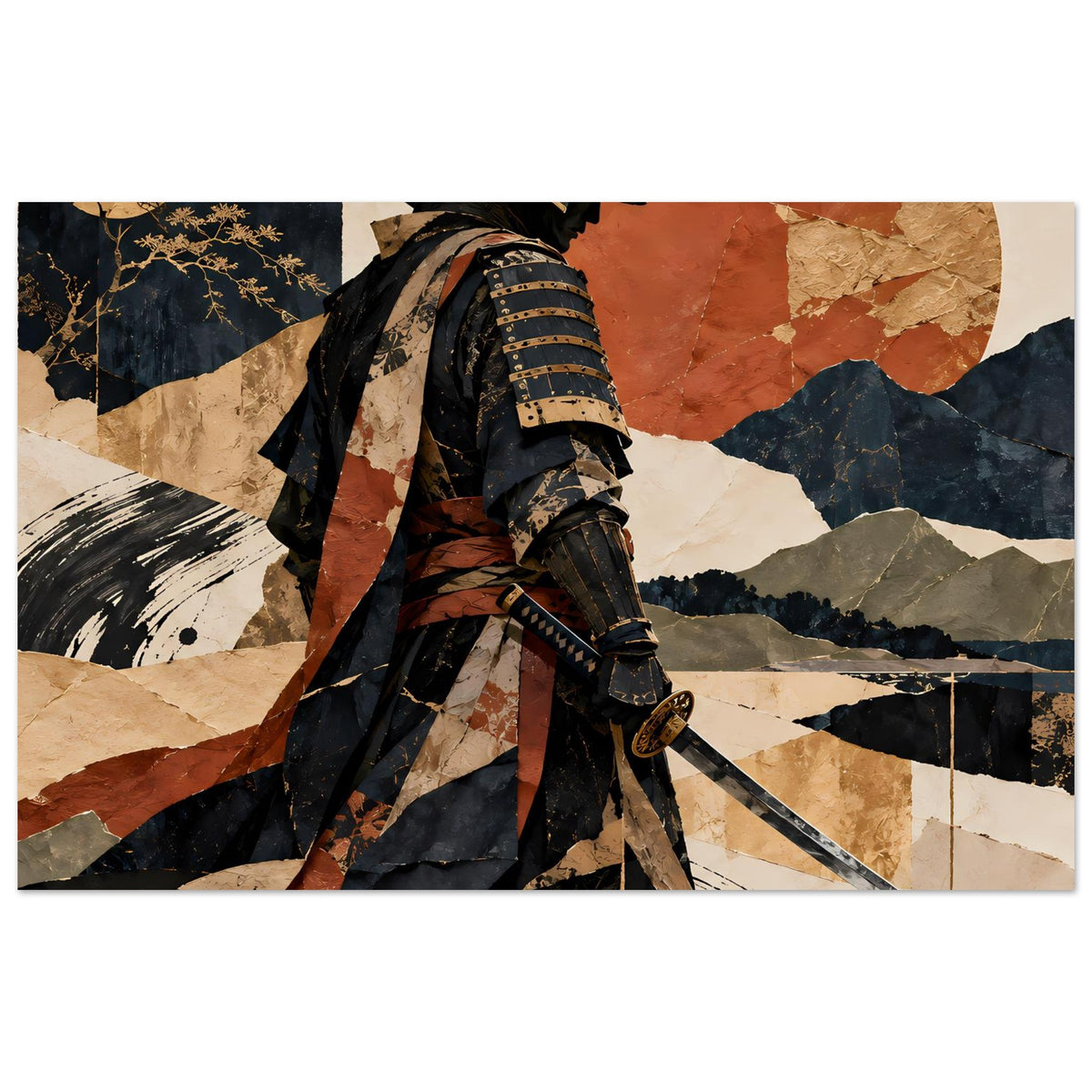 Samurai-Silhouette-Poster mit Schwert, abstraktem Patchwork in erdigen Braun- und Blautönen