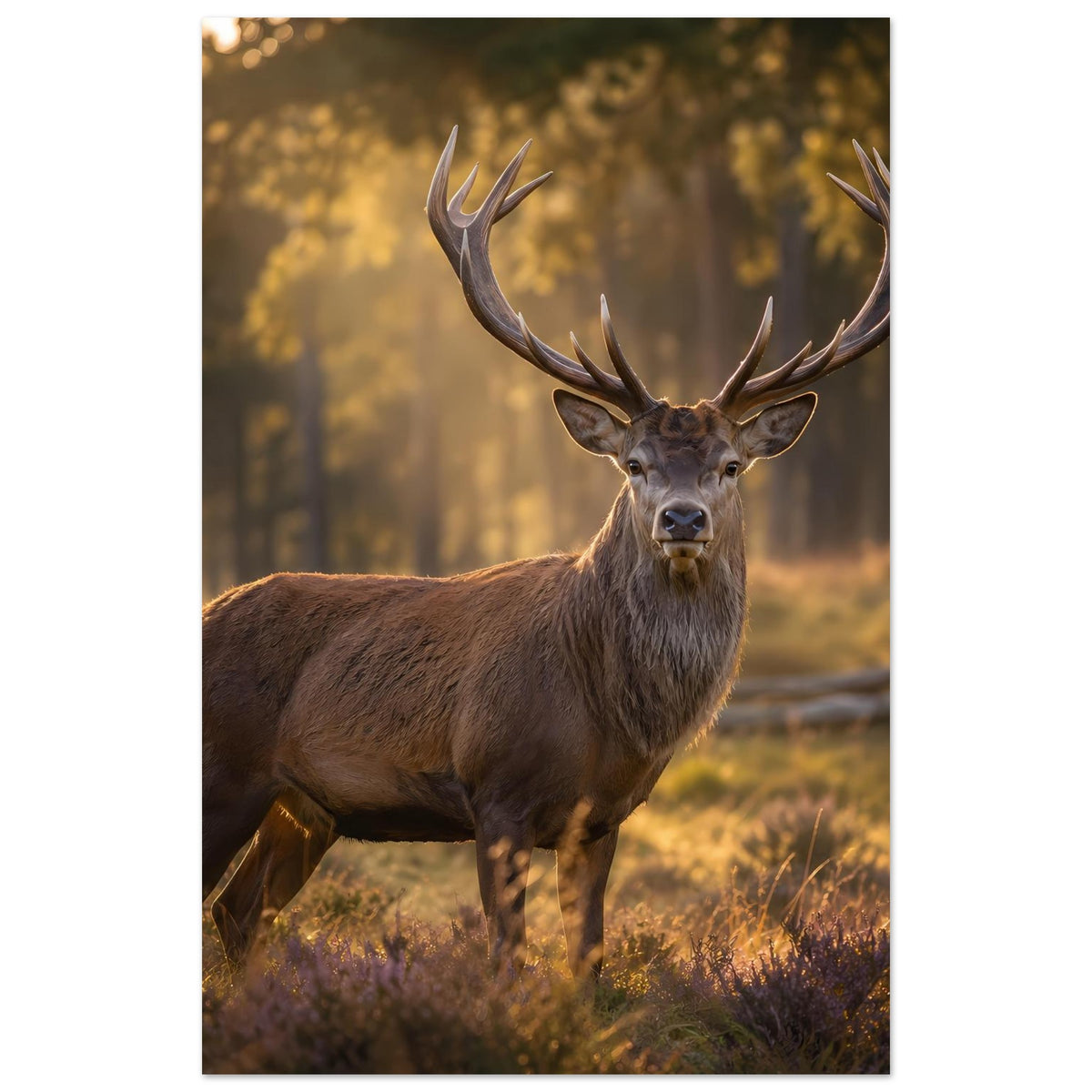 Hirschposter im Hochformat: braunes Wildtier mit großem Geweih, frontal fotografiert