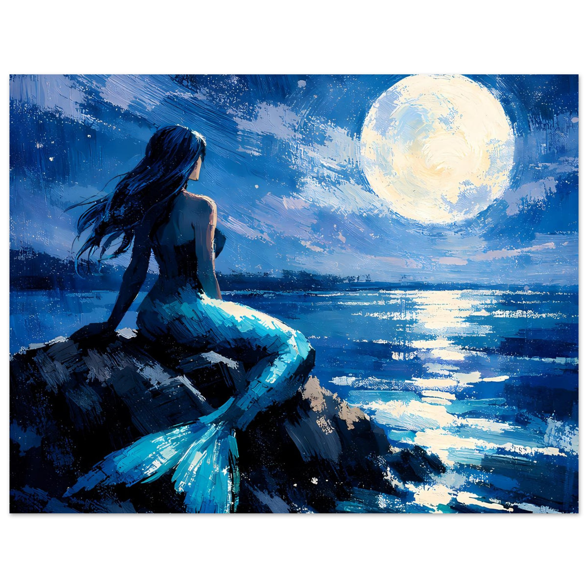 Horizontales Kunstposter: Meerjungfrau im Blau, großer Mond und helle Spiegelungen im Wasser