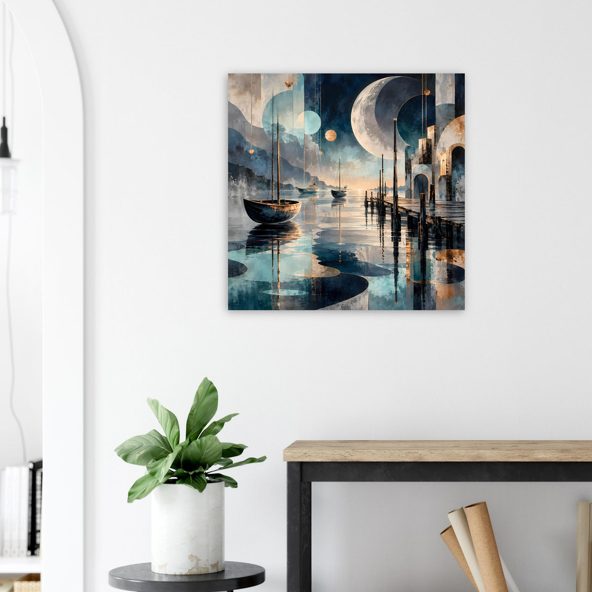 Maritimes Nachtposter: Mondnacht am Hafen mit Booten, Stegen und Wasserfläche