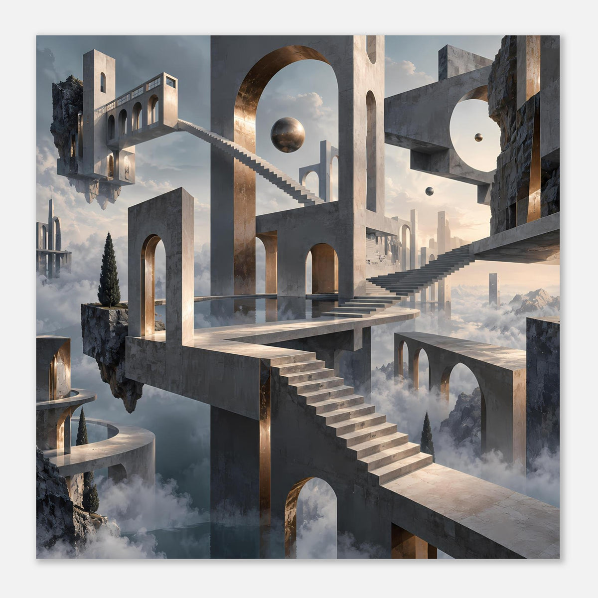 Architekturposter mit schwebenden Treppen und goldenen Torbögen, grau-blauer Bildkomposition