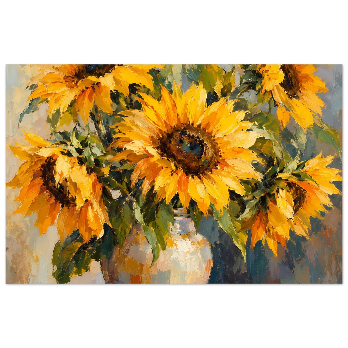 Sonnenblumen-Stillleben-Poster mit gelben Blumen im Glasvase, horizontale Ansicht
