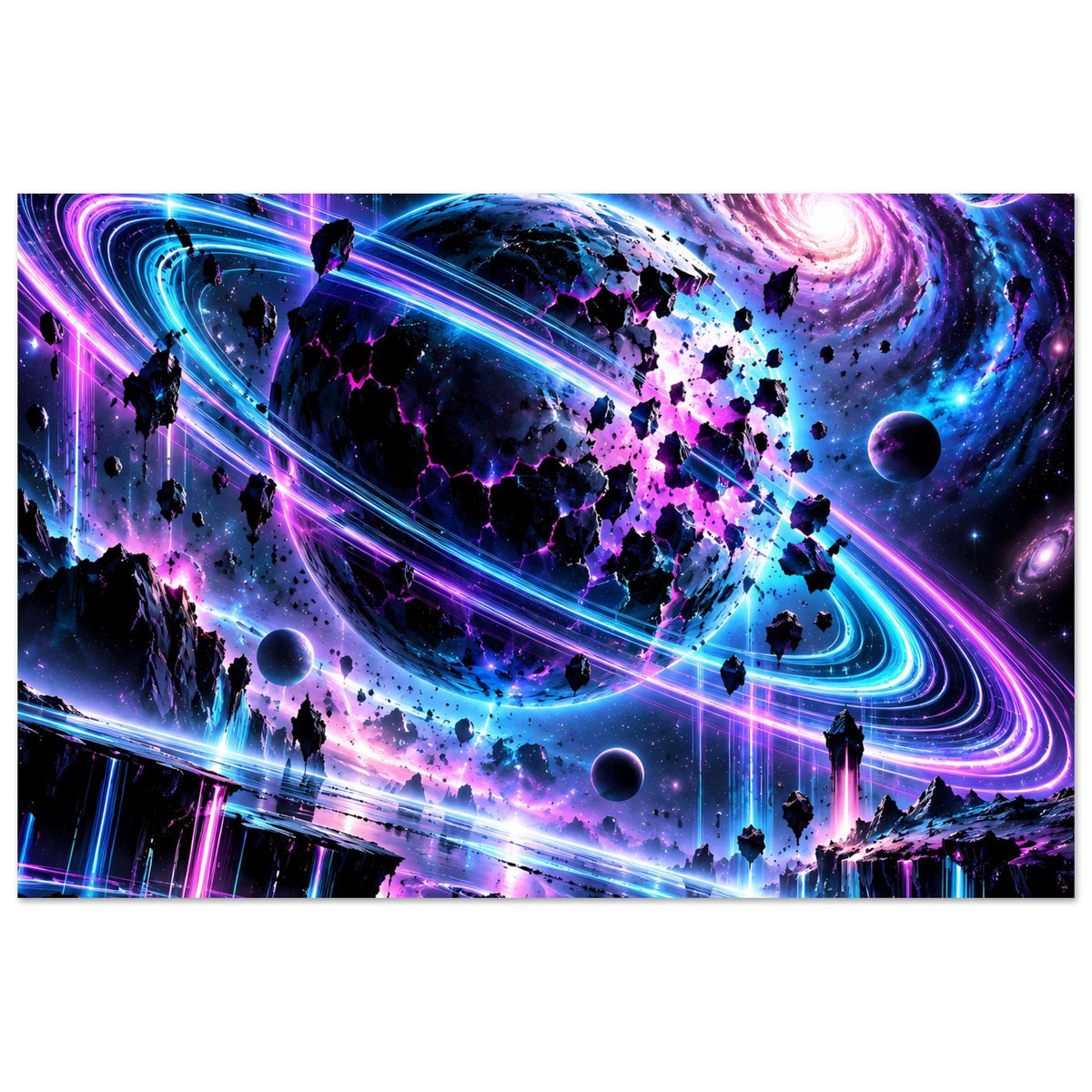 Neon-Galaxie-Poster, Querformat: blaue und pinke Lichtbahnen, Planeten, Raketen
