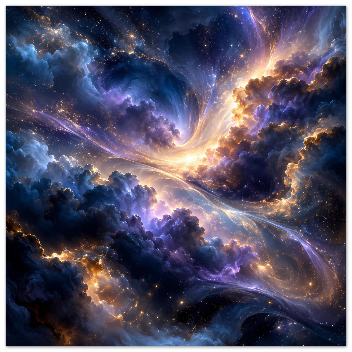 Leuchtendes Galaxieposter mit Sternen-Nebel und Lichtstrahlen durch Wolken