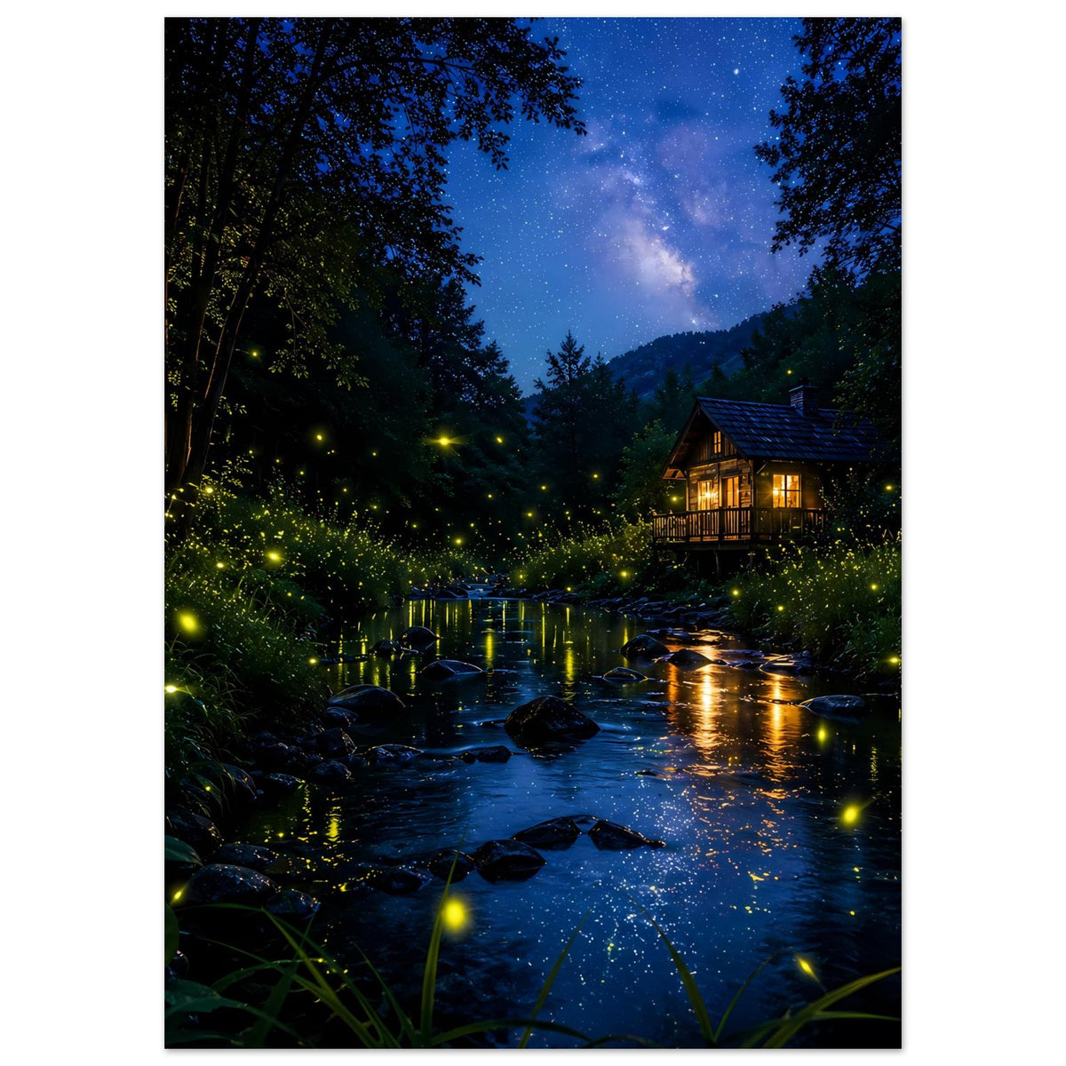 Hochformatiges Poster: nächtlicher Wald mit Bach, Glühwürmchen-Lichtern und leuchtendem Haus