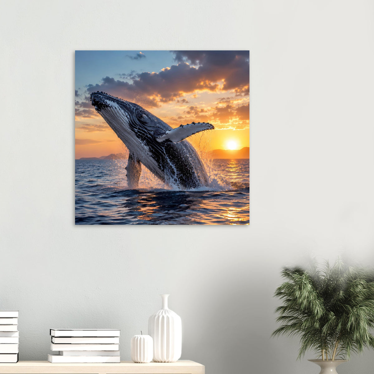 Wandposter mit springendem Wal, rechteckiger Druck im Wohnraum über dem Meer