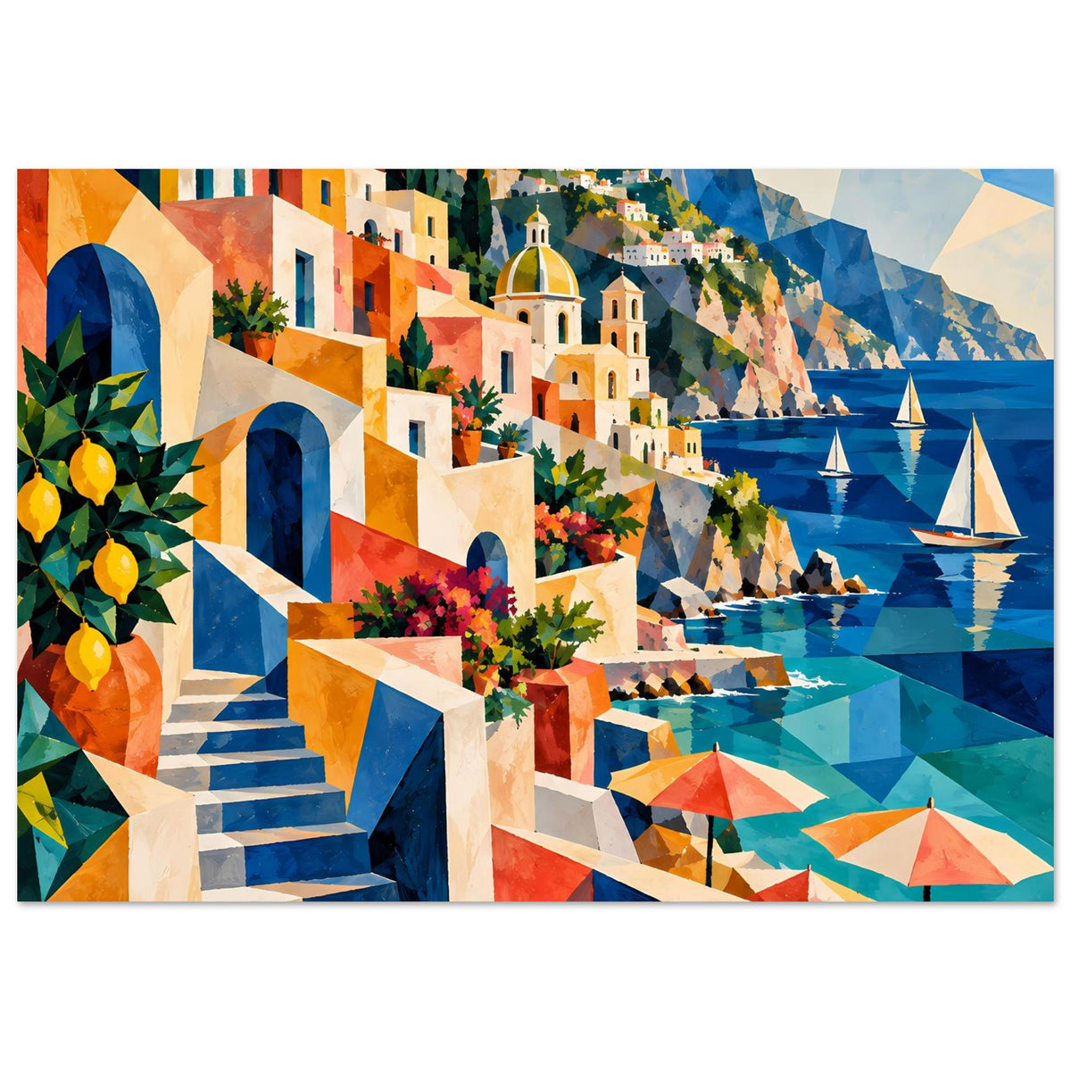 Mediterranes Küstenkunstposter querformat, Treppe, Häuser, Küste mit Booten