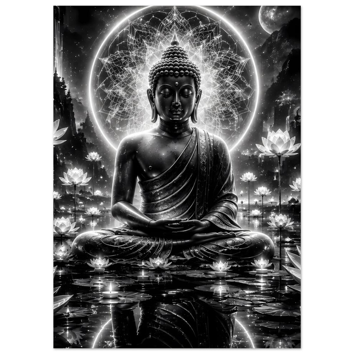Buddha-Poster im Hochformat mit sitzendem Buddha, Mandala-Ring und Lotusblumen