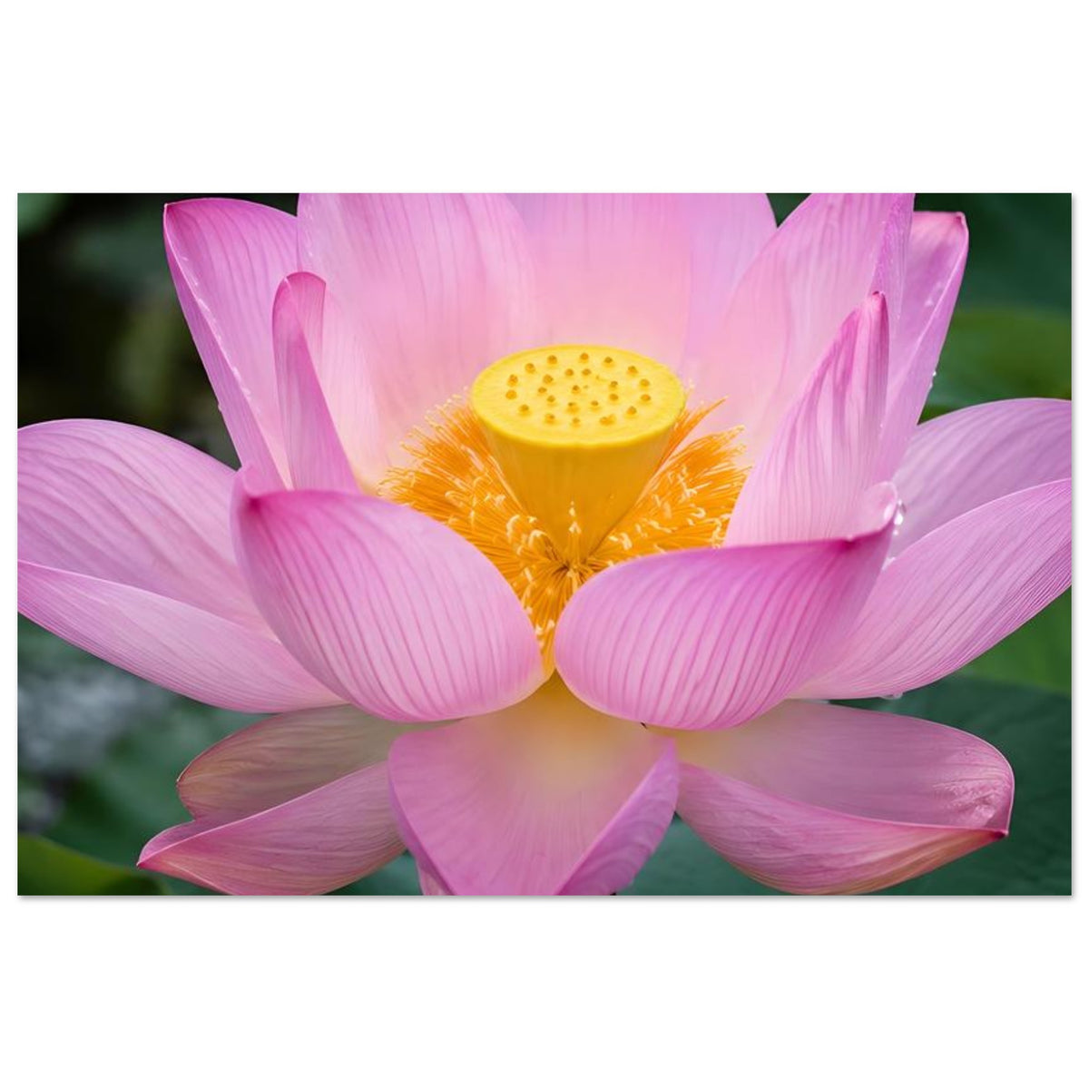 Poster mit rosa Lotusblüte und gelbem Zentrum, klare Nahaufnahme der Blütenblätter
